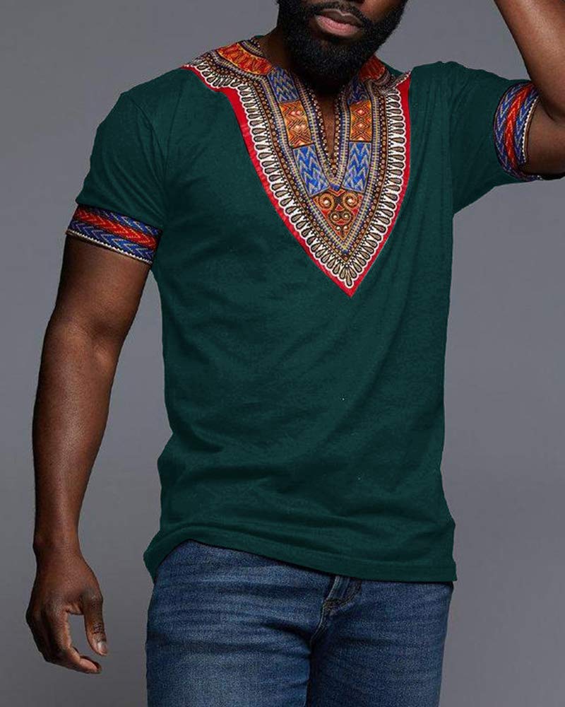 Makkrom Mens African Dashiki T Shirt Tribal Floral Print V Neck Slim Fit Shirts Tops - Image 3